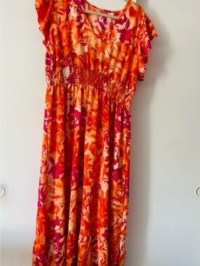 Women's Plus Size 1X Orange & Pink Floral  Long Maxi Dress